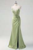 Green Mermaid Spaghetti Straps Corset Long Beaded Prom Dress With Slit