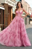 Blush Floral A Line Spaghetti Straps Pleated Corset Prom Dress