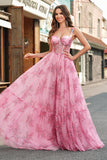 Blush Floral A Line Spaghetti Straps Pleated Corset Prom Dress