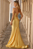 Strapless Mermaid Beaded Cut-Out Yellow Long Prom Dress With Slit
