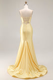 Yellow Mermaid Strapless Beaded Cut-Out Long Prom Dress With Slit