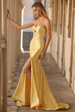 Strapless Mermaid Beaded Cut-Out Yellow Long Prom Dress With Slit