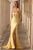 Strapless Mermaid Beaded Cut-Out Yellow Long Prom Dress With Slit