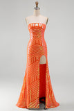 Sparkly Orange Mermaid Sequins Strapless Long Ball Dress with Slit