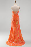 Sparkly Orange Mermaid Sequins Strapless Long Ball Dress with Slit