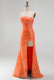 Sparkly Orange Mermaid Sequins Strapless Long Ball Dress with Slit