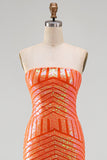 Sparkly Orange Mermaid Sequins Strapless Long Ball Dress with Slit