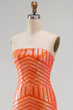 Sparkly Orange Mermaid Sequins Strapless Long Ball Dress with Slit
