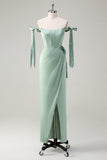 Sage Sheath Bow Tie Straps Corset Long Bridesmaid Dress with Slit