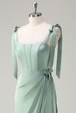 Sage Sheath Bow Tie Straps Corset Long Bridesmaid Dress with Slit