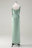 Sage Sheath Bow Tie Straps Corset Long Bridesmaid Dress with Slit