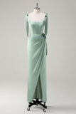 Sage Sheath Bow Tie Straps Corset Long Bridesmaid Dress with Slit