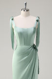 Sage Sheath Bow Tie Straps Corset Long Bridesmaid Dress with Slit