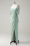 Sage Sheath Bow Tie Straps Corset Long Bridesmaid Dress with Slit