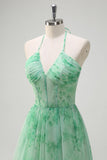 Green A-Line Halter Floral Corset Ruffles Long Prom Dress with Slit