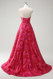 Fuchsia Floral Jacquard Sweetheart Princess Long Corset Prom Dress with Slit