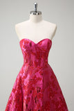 Fuchsia Floral Jacquard Sweetheart Princess Long Corset Prom Dress with Slit