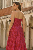 Fuchsia Floral Strapless A-Line Long Plus Size Prom Dress