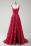 Fuchsia A-Line Spaghetti Straps Floral Jacquard Long Prom Dress with Slit