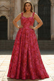 Fuchsia Floral Jacquard A-Line Spaghetti Straps Long Plus Size Prom Dress with Slit