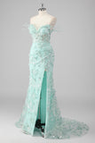 Green Sheath Sweetheart Corset Appliqued Long Prom Dress with Slit