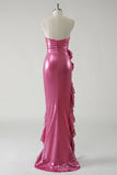 Sparkly Fuchsia Metallic Strapless Prom Dress with Slit