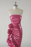 Sparkly Fuchsia Metallic Strapless Prom Dress with Slit