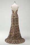 Mermaid Khaki Leopard Sequins Corset Plus Size Long Prom Dress with Slit