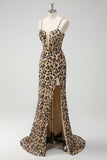 Mermaid Khaki Leopard Sequins Corset Plus Size Long Prom Dress with Slit