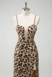 Mermaid Khaki Leopard Sequins Corset Plus Size Long Prom Dress with Slit