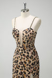 Mermaid Khaki Leopard Sequins Corset Plus Size Long Prom Dress with Slit