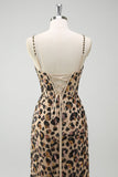 Mermaid Khaki Leopard Sequins Corset Plus Size Long Prom Dress with Slit