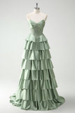 Burgundy Princess Sweetheart Beaded Tiered Corset Long Prom Dress with Slit