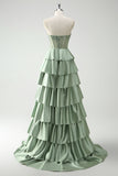 Green Sweetheart Princess Satin Tiered Long Corset Prom Dress with Slit