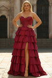 Green Sweetheart Princess Tiered Satin Corset Long Plus Size Prom Dress with Slit