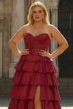 Green Sweetheart Princess Tiered Satin Corset Long Plus Size Prom Dress with Slit