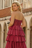 Green Sweetheart Princess Tiered Satin Corset Long Plus Size Prom Dress with Slit