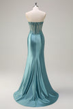 Sparkly Grey Green Mermaid Strapless Sheer Corset Satin Long Prom Dress with Slit