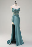 Sparkly Grey Green Mermaid Strapless Sheer Corset Satin Long Prom Dress with Slit