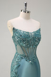 Sparkly Grey Green Mermaid Strapless Sheer Corset Satin Long Prom Dress with Slit