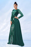 Green Sequins Printed Formal Dress with Long Sleeves