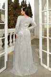 Sparkly Grey A-Line V-Neck Prom Dress with Long Sleeves