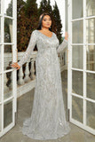 Sparkly Grey A-Line V-Neck Prom Dress with Long Sleeves