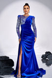 Royal Blue Beaded Mermaid Velvet Prom Dress