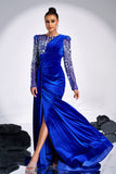 Royal Blue Beaded Mermaid Velvet Prom Dress