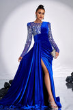 Royal Blue Beaded Mermaid Velvet Prom Dress