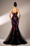 Sparkly Floral Black Mermaid Spaghetti Straps Tulle Prom Dress