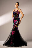 Sparkly Floral Black Mermaid Spaghetti Straps Tulle Prom Dress