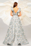 Light Blue A Line Floral Print Ruffled Sleeves Prom Dress