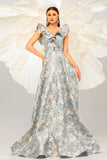 Light Blue A Line Floral Print Ruffled Sleeves Prom Dress